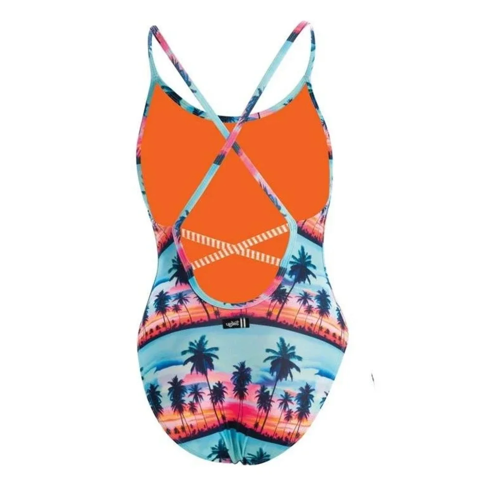 Dolfin Swimsuit Women Size 30 Turquoise Palm Trees Cross Back One Piece‎